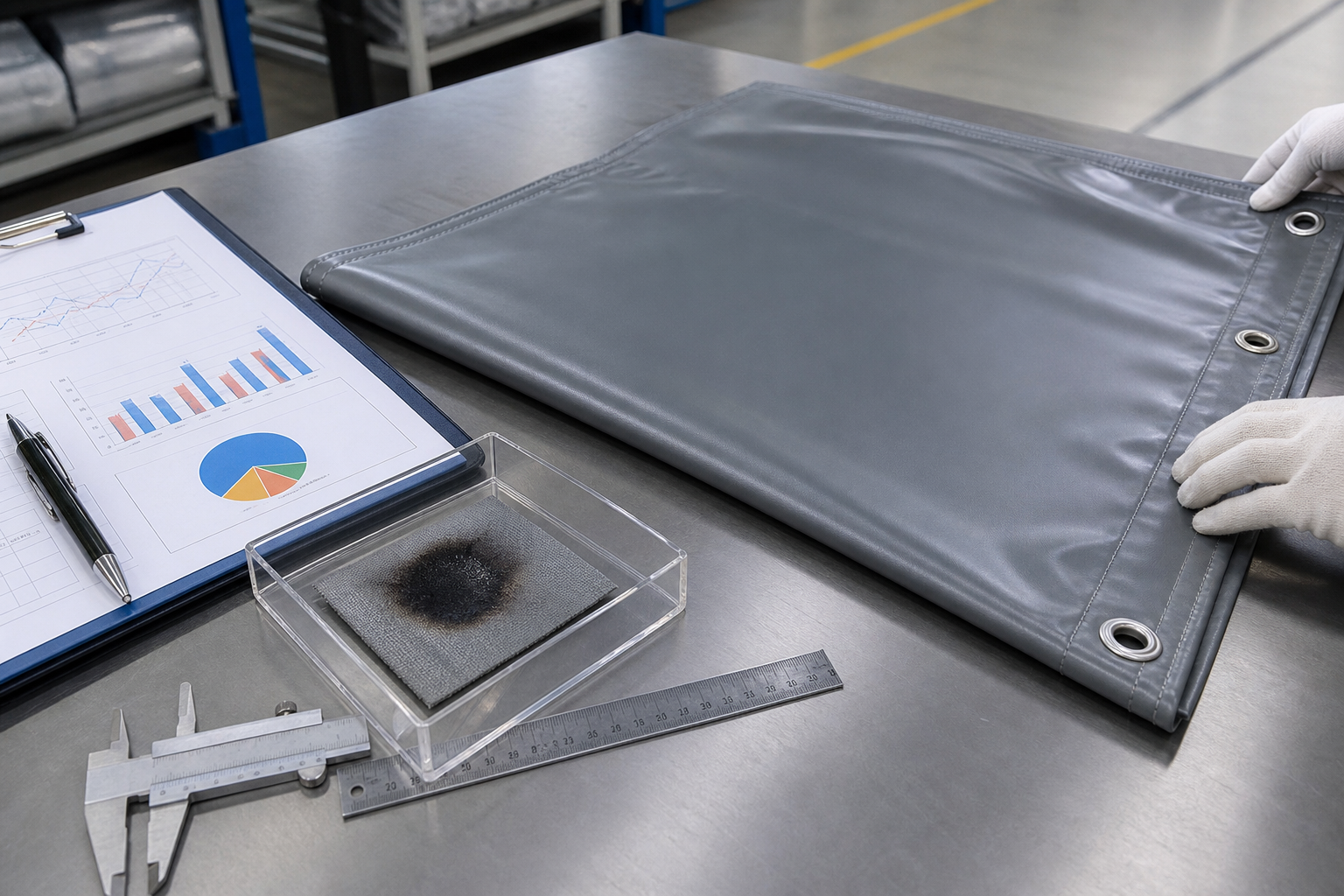 Approved fire retardant tarp sample panel with welded hem, metal eyelets, report folder, and char-tested coupon before bulk production.