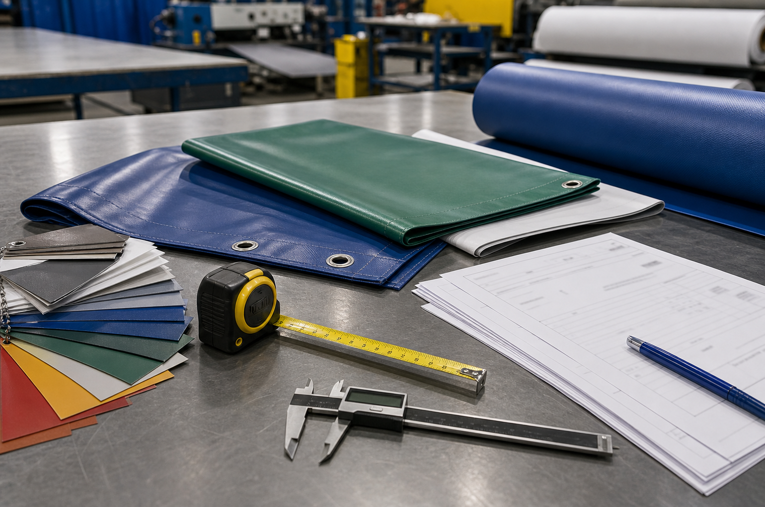 custom tarp quotation variables including finished size, roll material requirements, seam position, and packing target