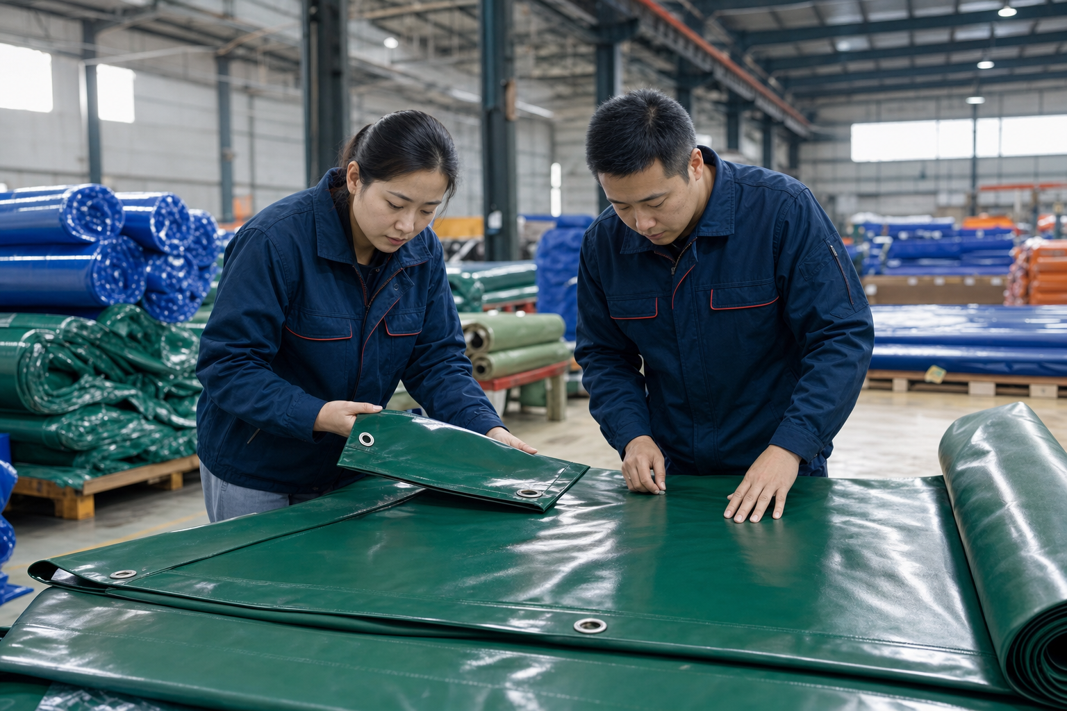 QC team performing first-article and final inspection on repeat custom tarps, comparing approved sample, labels, seams, and hardware before shipment.