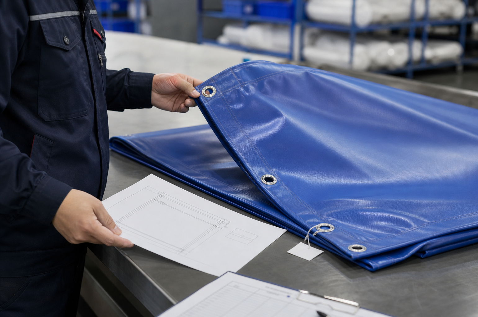bulk custom tarp specification with approved sample, revision number, drawing record, and QC checklist