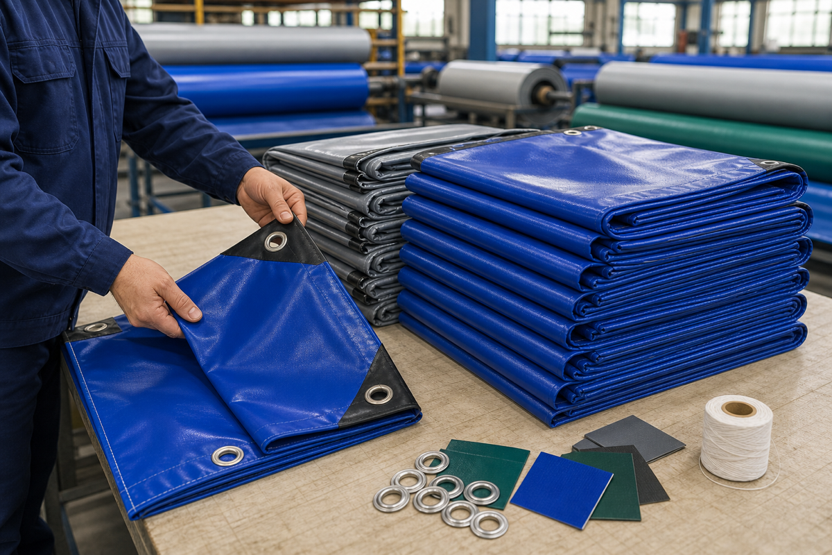 Folded PVC tarp samples and stacked custom tarps checked before bulk production