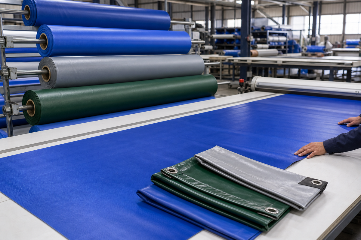 PVC coated fabric rolls and cutting table prepared for a bulk custom tarp order