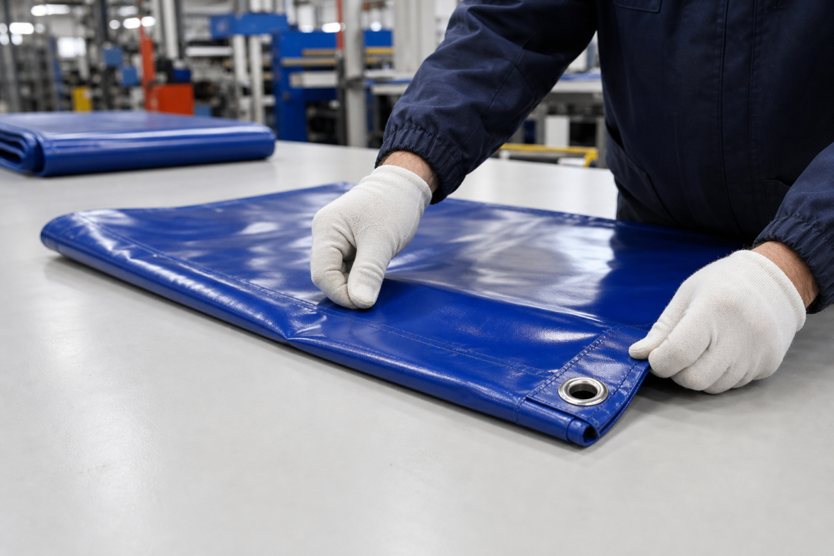 Quality control inspection of a blue PVC tarp sample before mass production