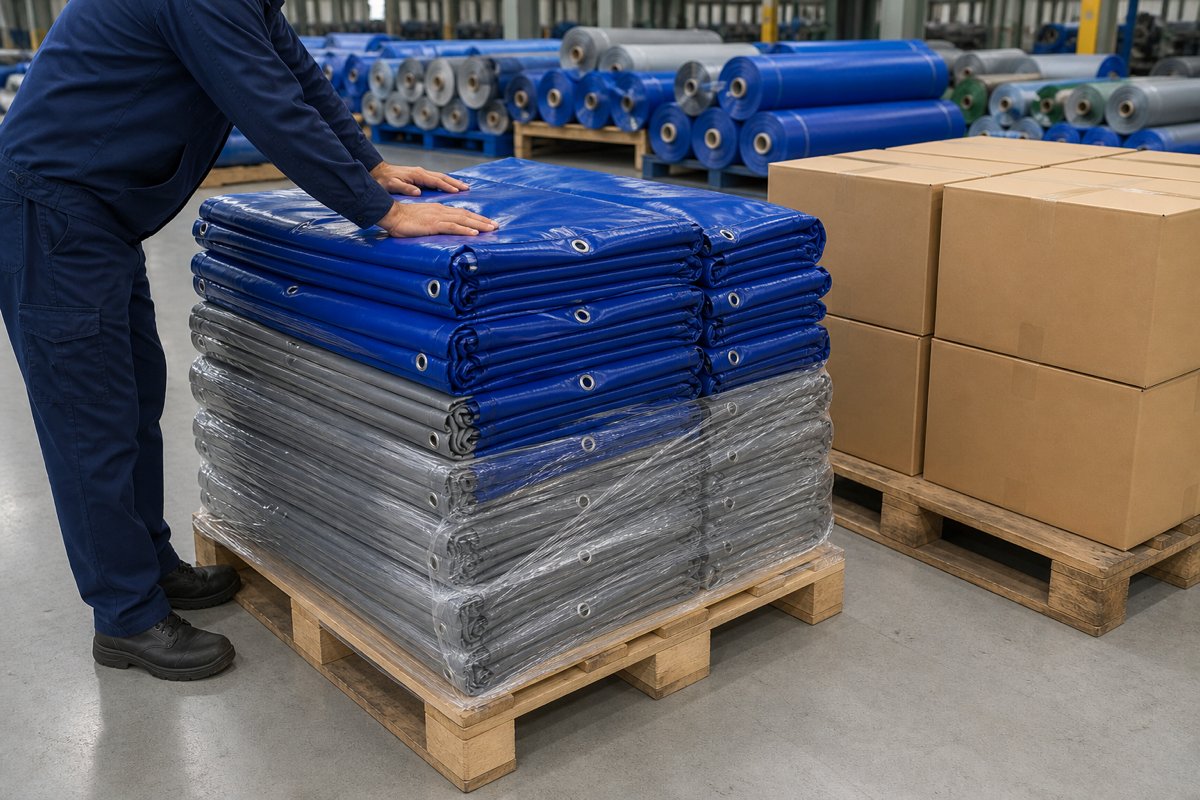 Folded bulk PVC tarps packed on a pallet with plain cartons for export shipment