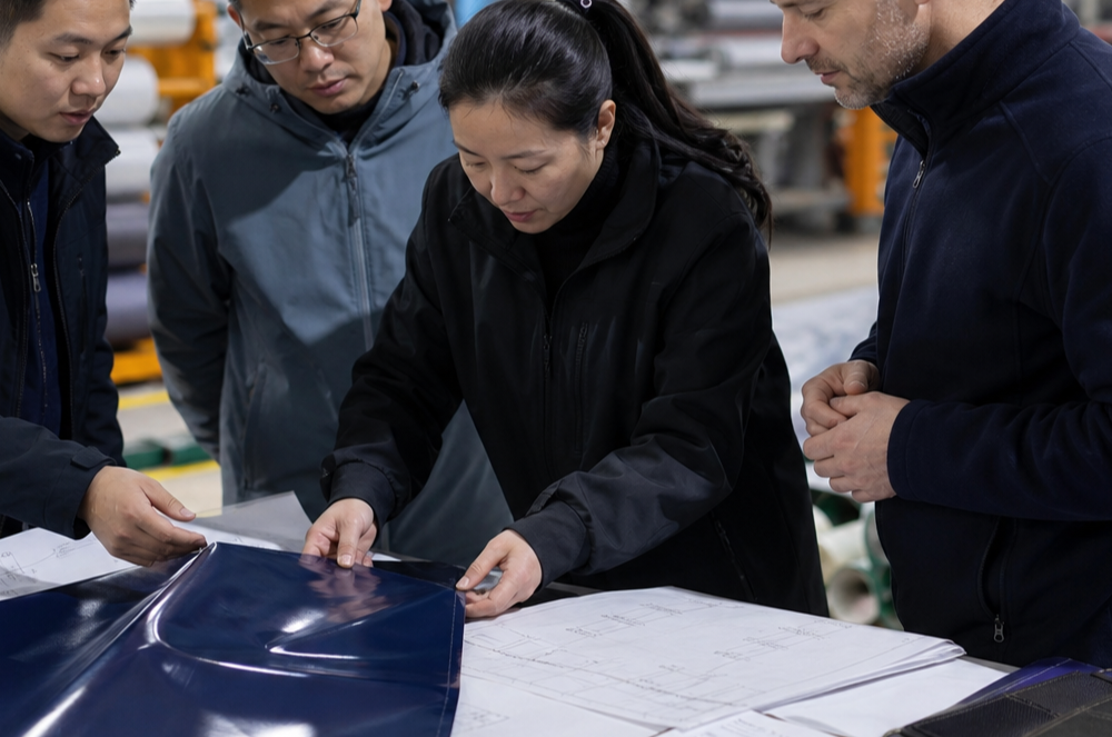 Factory team reviewing approved sample and reorder records for a repeat custom tarp order.