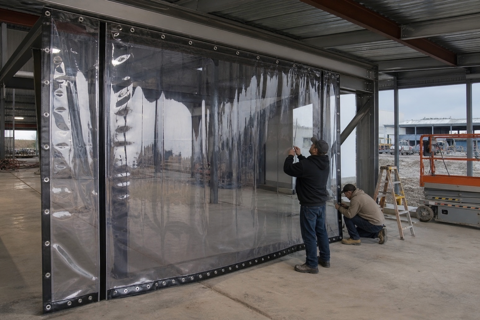 Industrial enclosure opening fitted with custom clear tarp panels and reinforced hardware