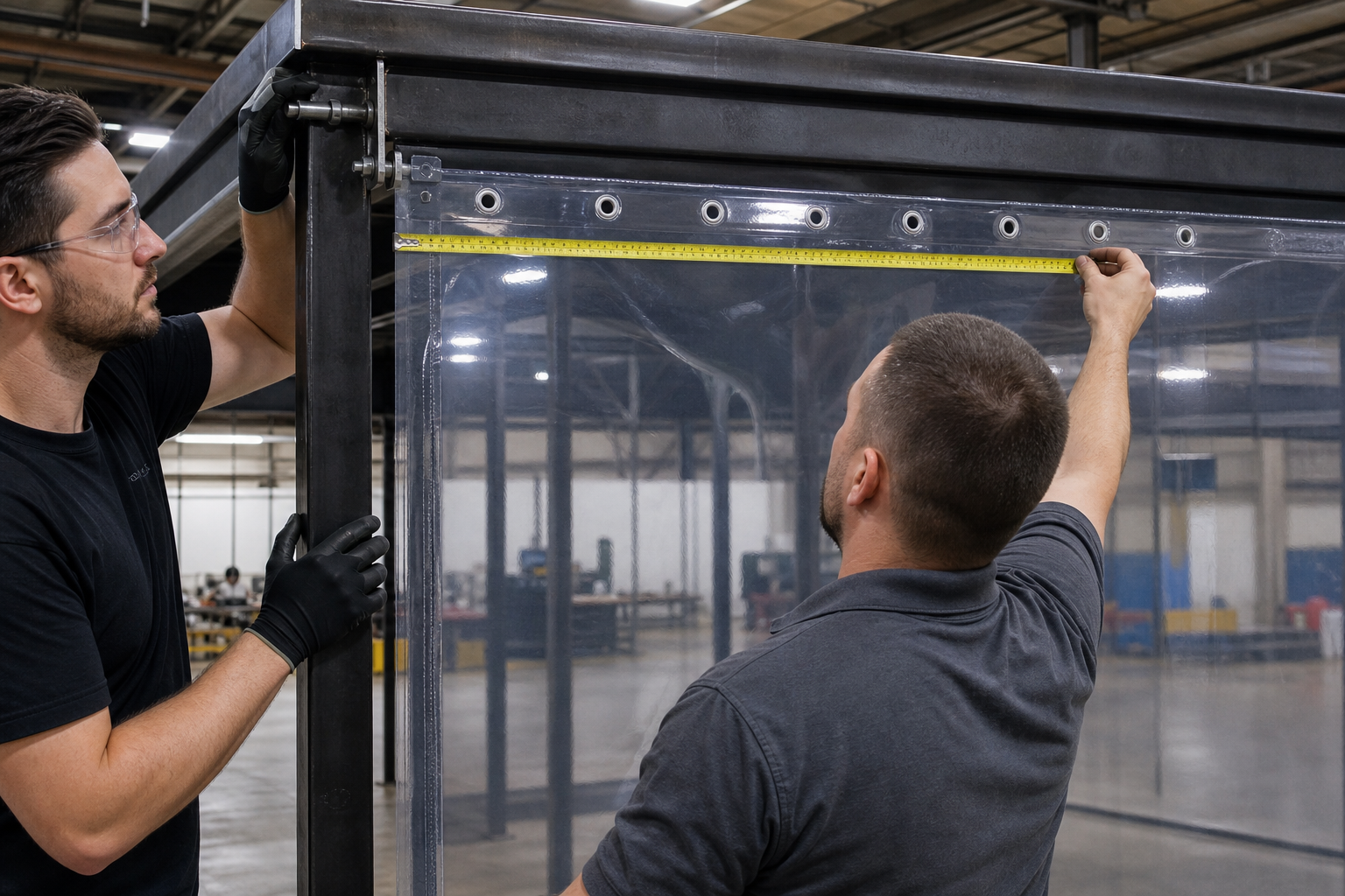 Industrial workers measuring custom clear tarp panel size and edge hardware on an enclosure frame