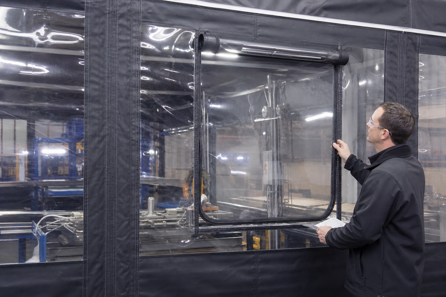 Custom clear tarp enclosure panel with access flap and industrial cleaning review