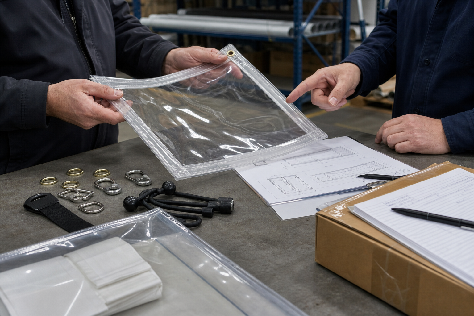 Approved sample, drawing, and packing notes prepared for custom clear tarp enclosure production