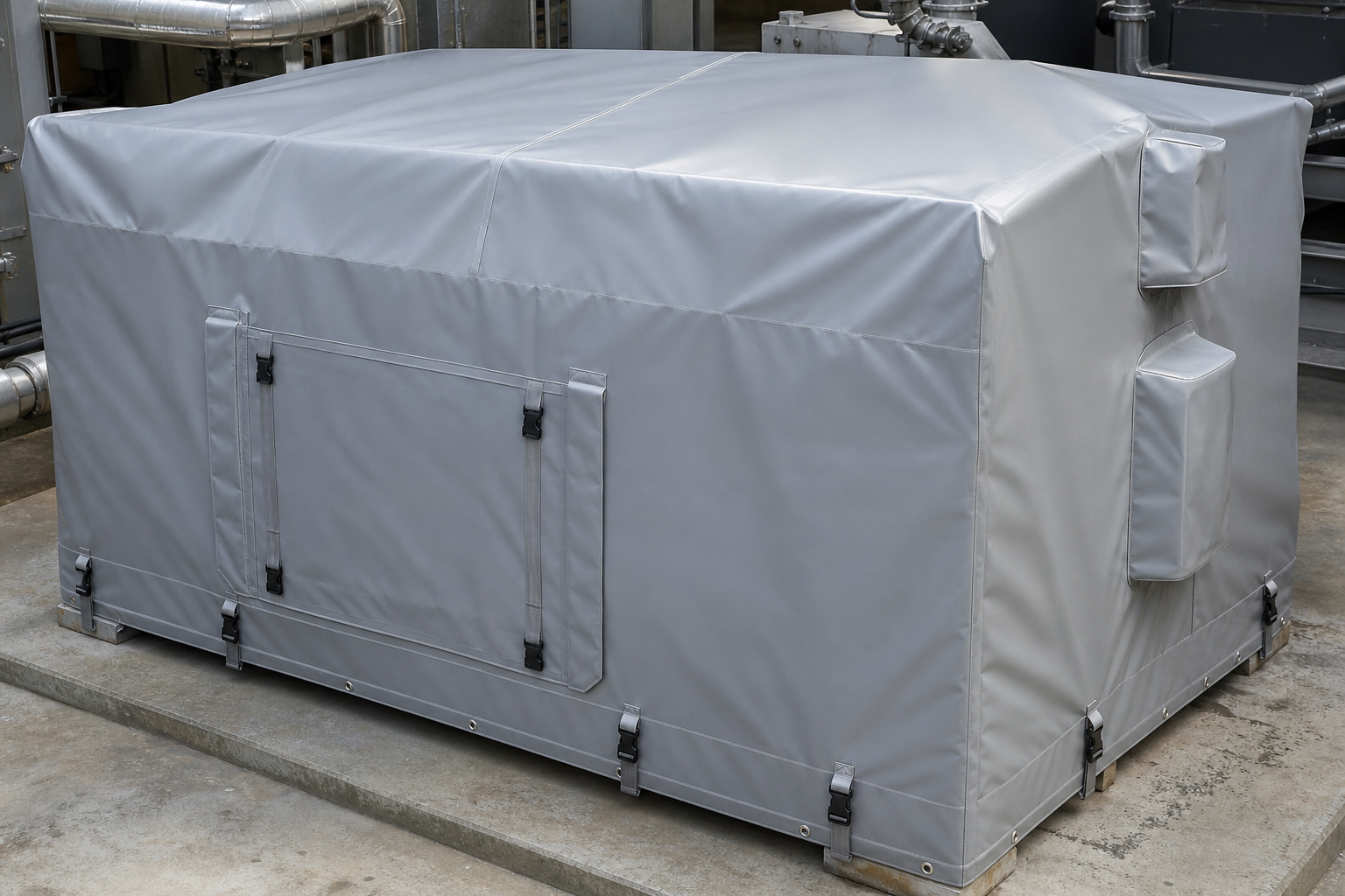 Fitted equipment cover installed around machine corners and service zones in an industrial yard