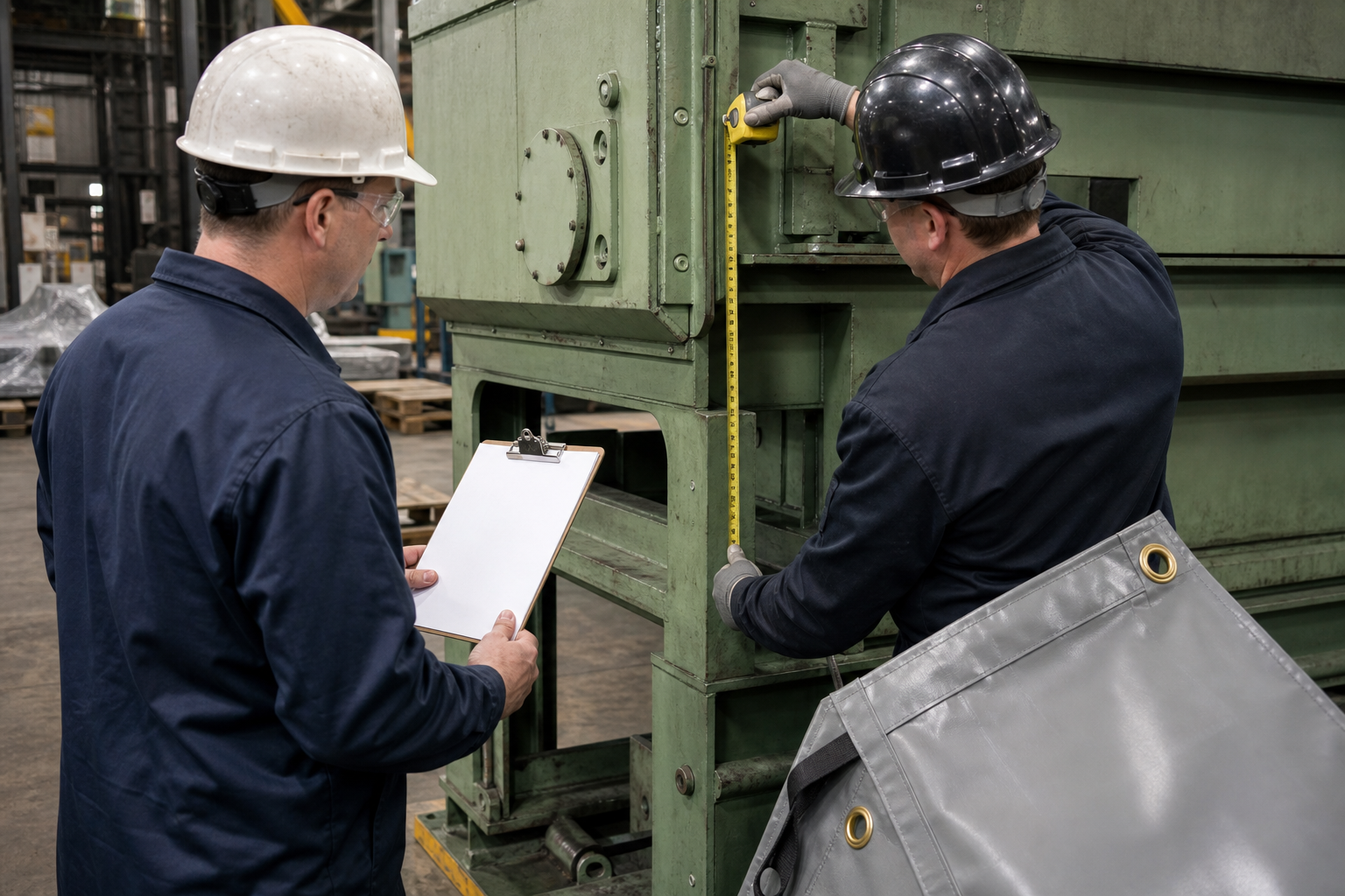Workers measuring fastening points and equipment cover grommet spacing before custom production