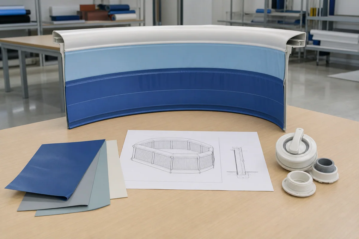 custom inflatable pool structure brief with material samples and wall sections