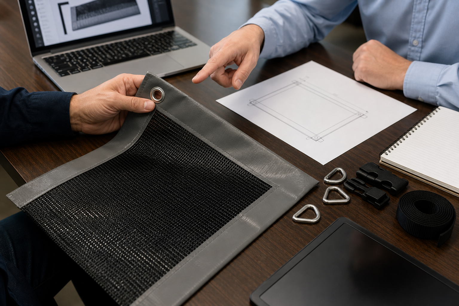 Approved sample and production notes prepared for repeat custom mesh tarp orders