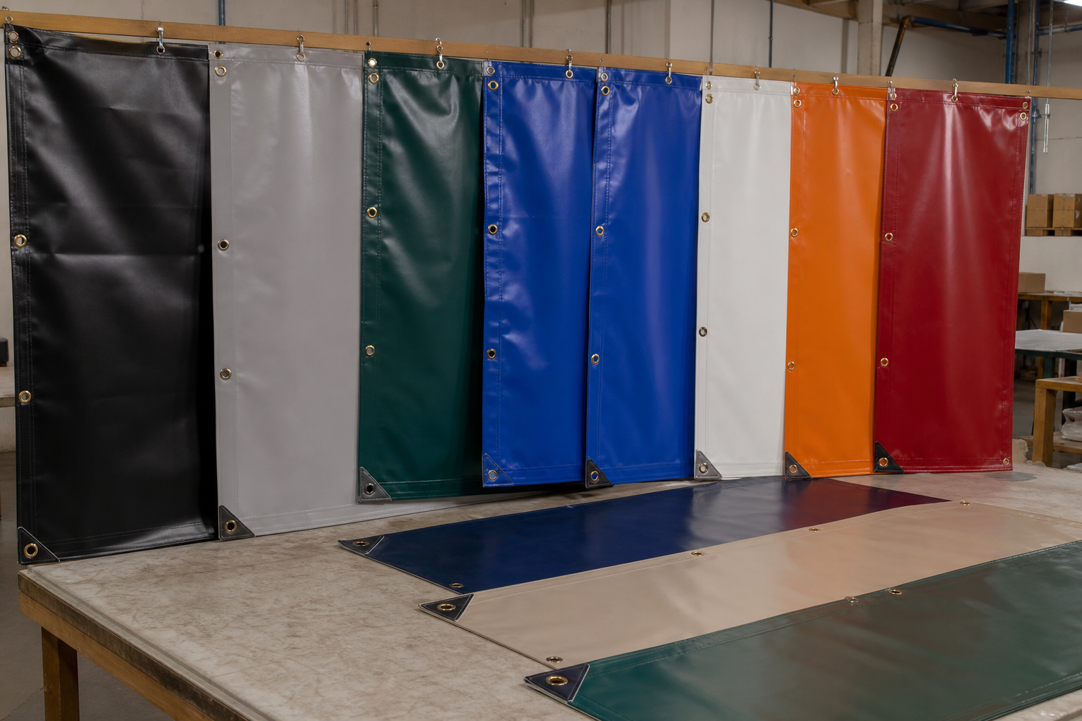 Custom tarp panels in several industrial colors displayed for OEM selection in a factory setting