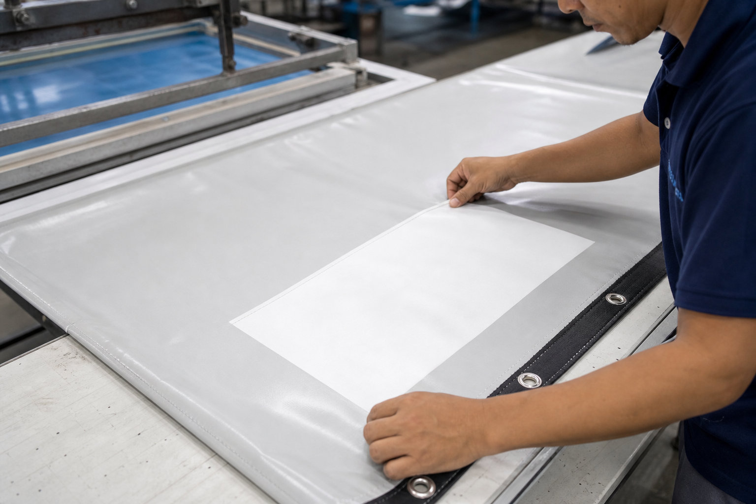 Factory worker preparing a logo print area for a custom printed PVC tarp panel