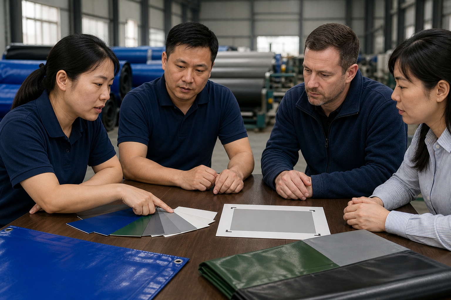 Buyer and factory team comparing Pantone tarp color samples and print-position approval for a custom tarp order