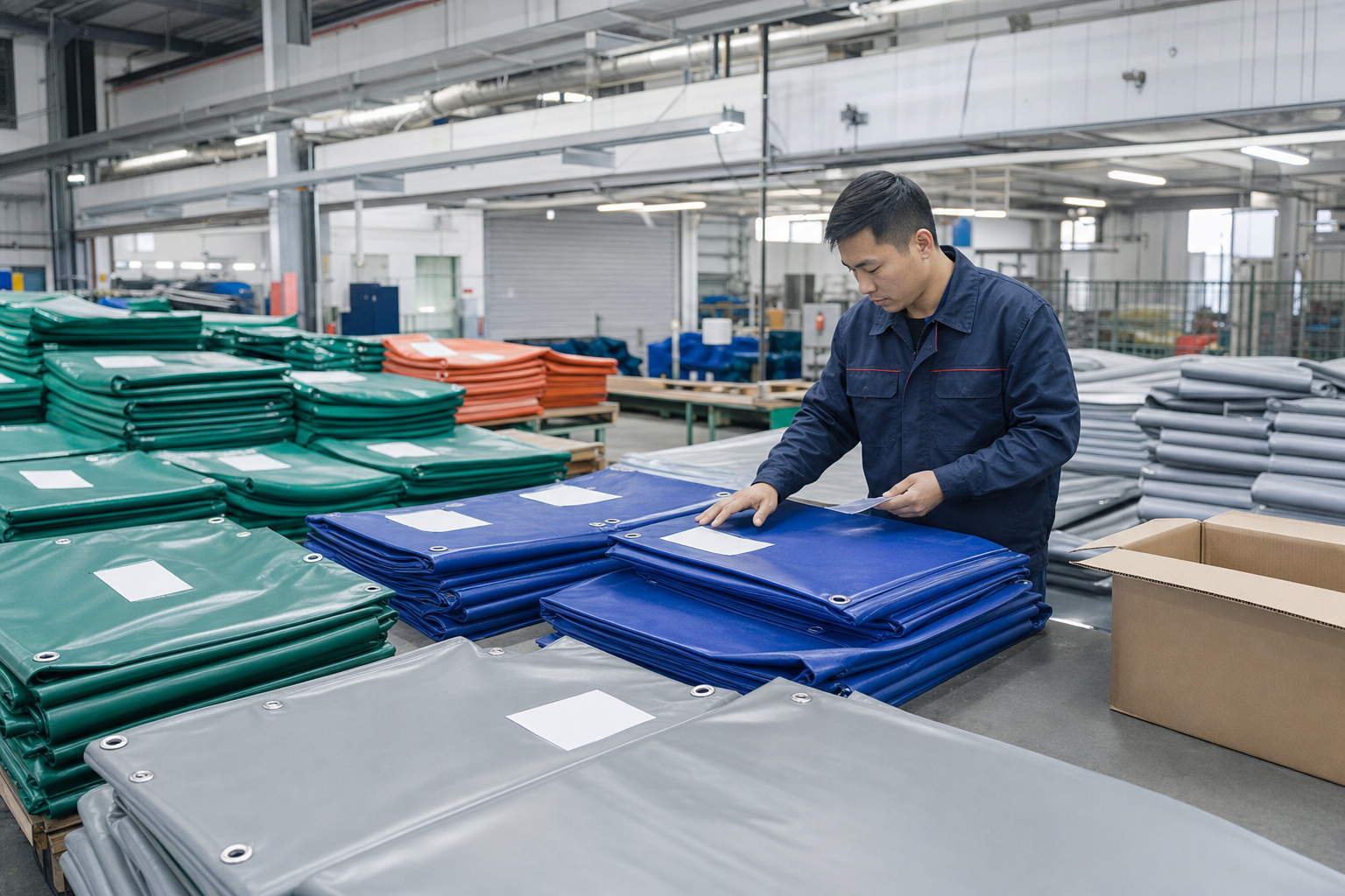 QC team checking color consistency and grouped packing of custom printed tarp batches