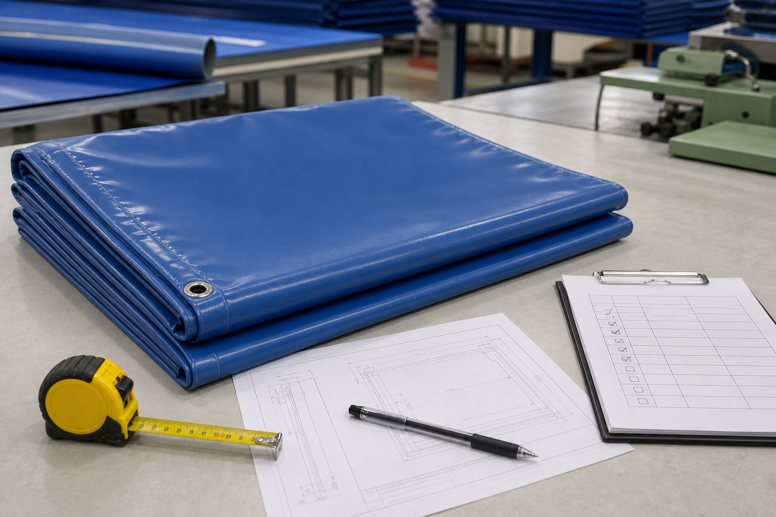Inspector comparing sample approval drawing and tarpaulin inspection checklist before bulk approval