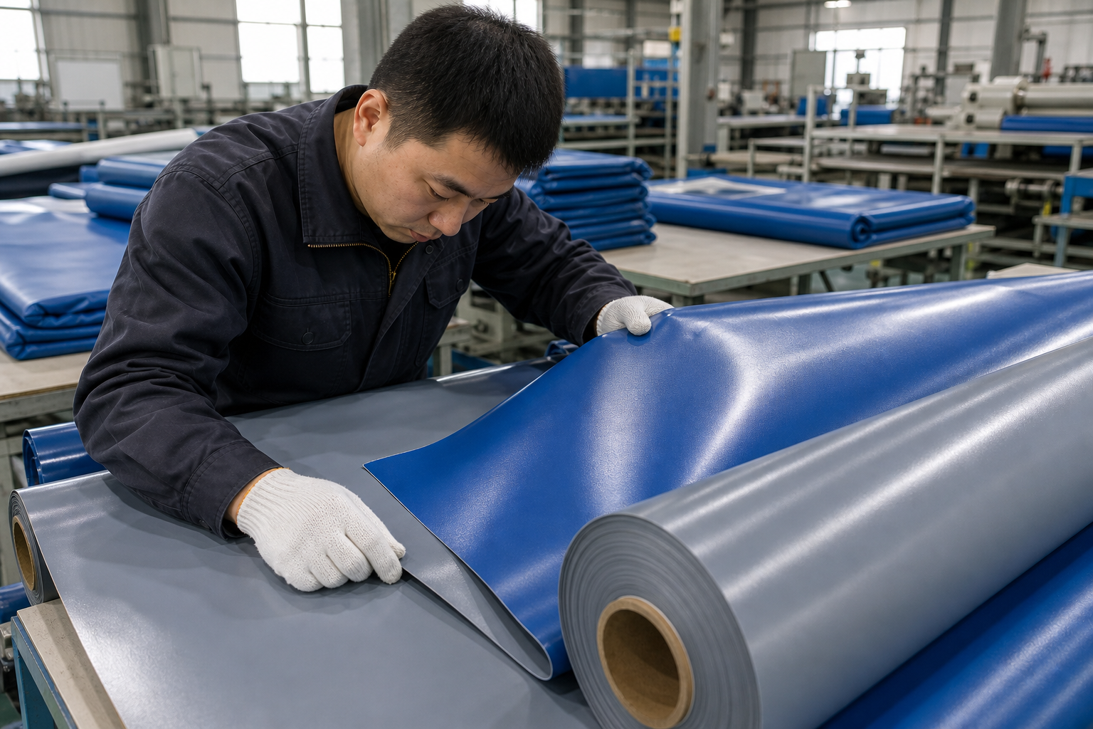 Incoming material inspection of PVC tarpaulin rolls for color coating surface and lot consistency before cutting