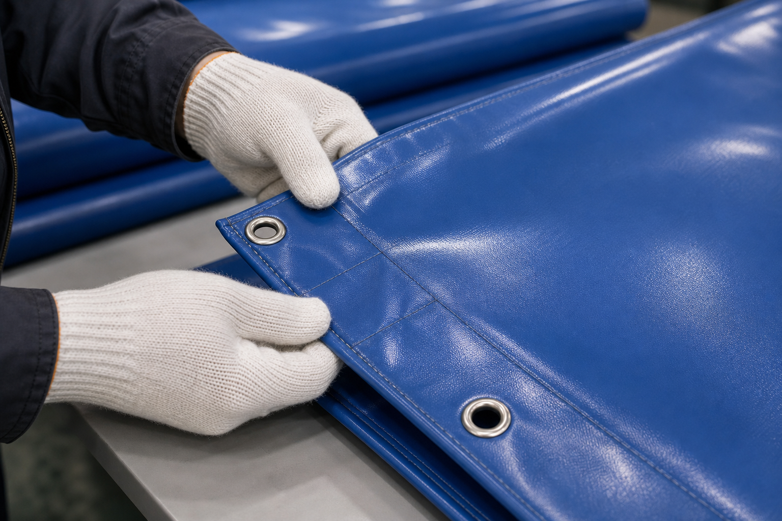 Welded seam inspection of reinforced hem corner patches and metal eyelets on a custom tarp