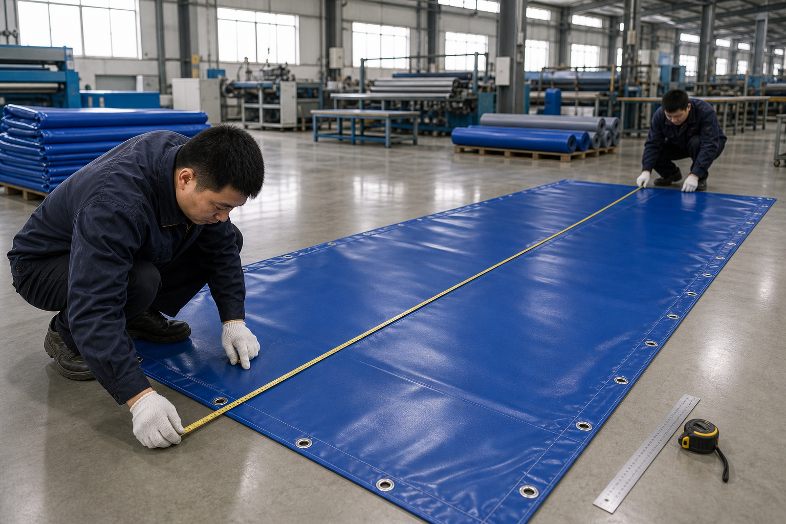 Factory team checking finished tarp size tolerance and grommet spacing check on the inspection floor