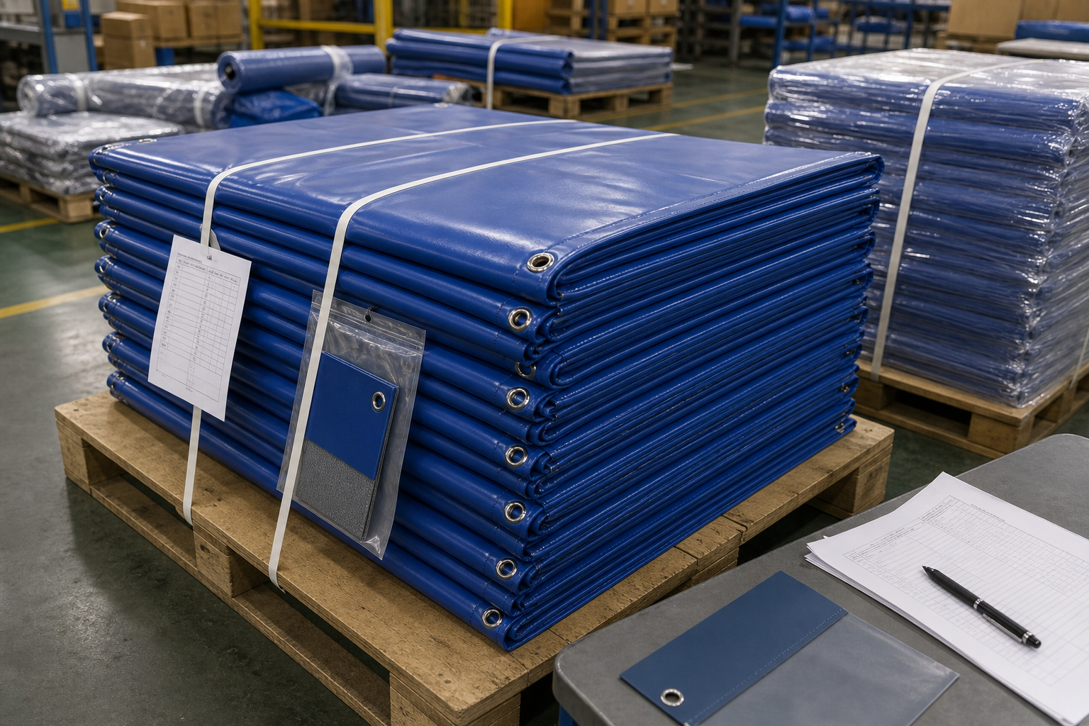 Custom tarp inspection report pallet tags and final shipment approval records prepared for an export order