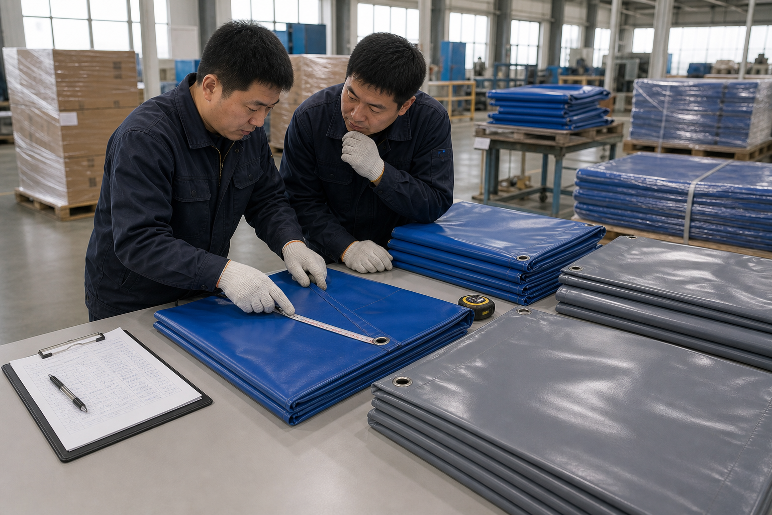 Export team reviewing custom tarp folding size, bundle weight, receiving method, and tarp export packaging plan
