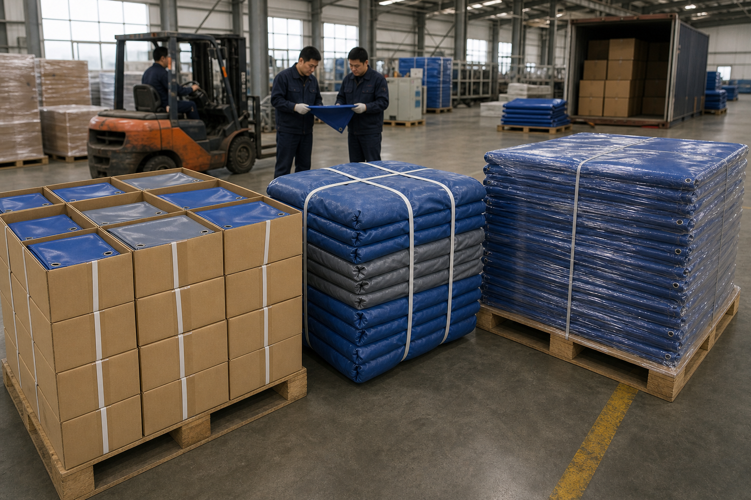 Bulk tarp packing comparison with cartons, pallets and bale-packed custom tarps in a factory export staging area