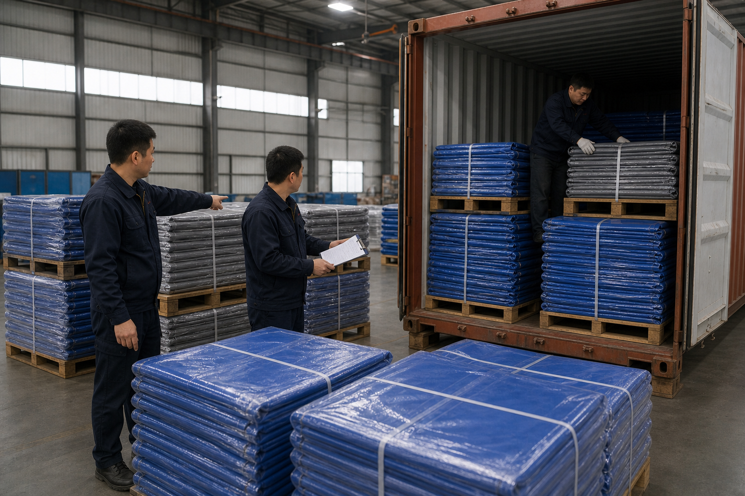 Tarp shipping packaging container loading plan and arrival check prepared for custom tarp export pallets