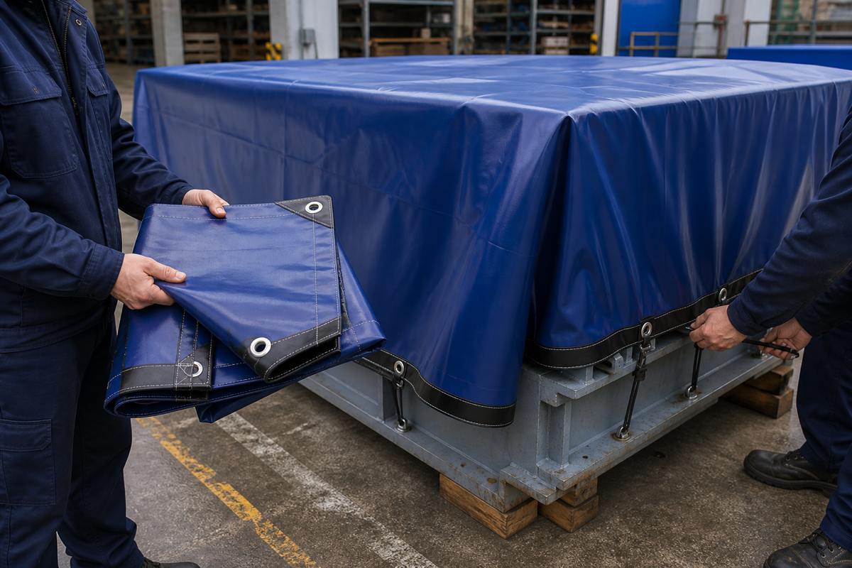 Custom PVC tarp fitted over industrial equipment while anchor points are checked