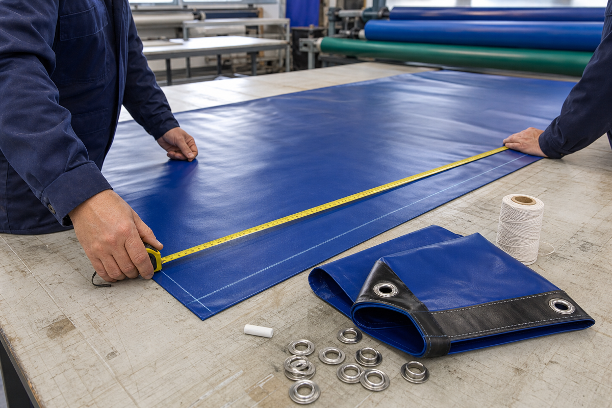 Workers measuring a blue PVC tarp panel on a cutting table before quotation