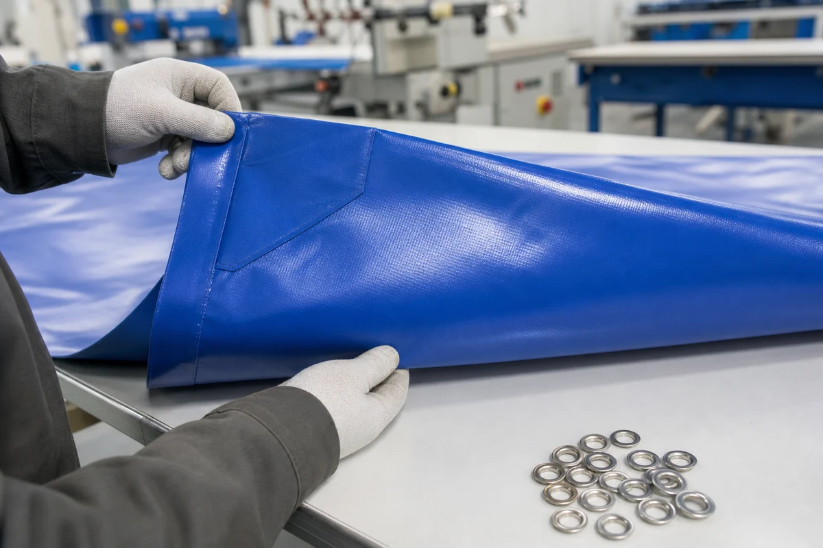 Factory inspection of welded tarp edge reinforcement before hardware installation