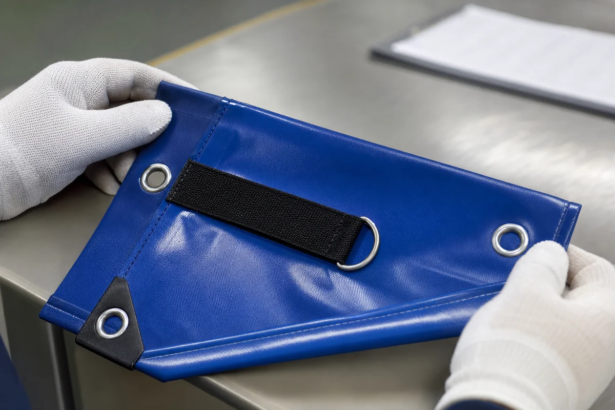 Quality control check of a custom tarp sample with grommets and webbing before bulk production
