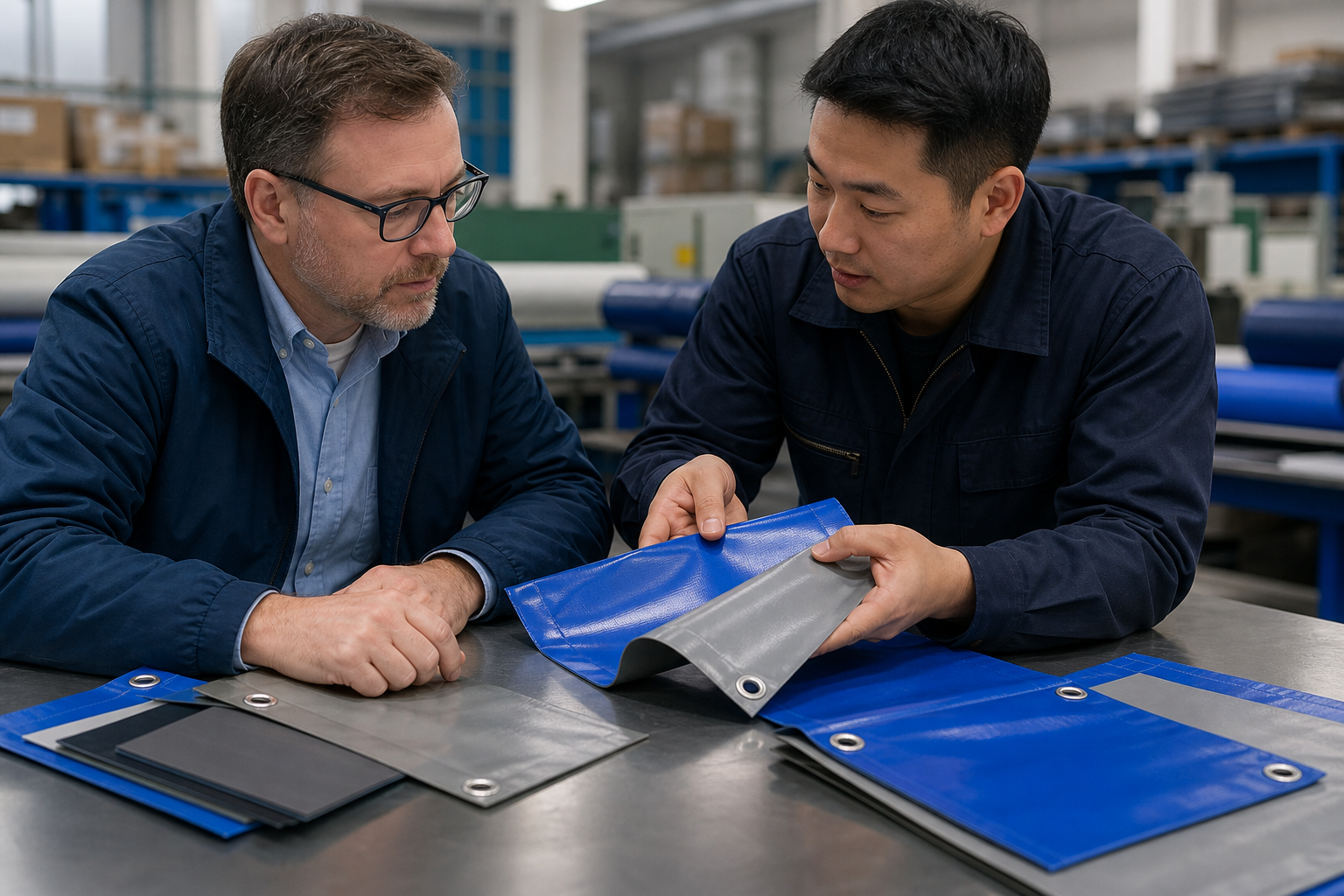 Factory engineer and buyer reviewing custom tarp application details with PVC samples and finished corners