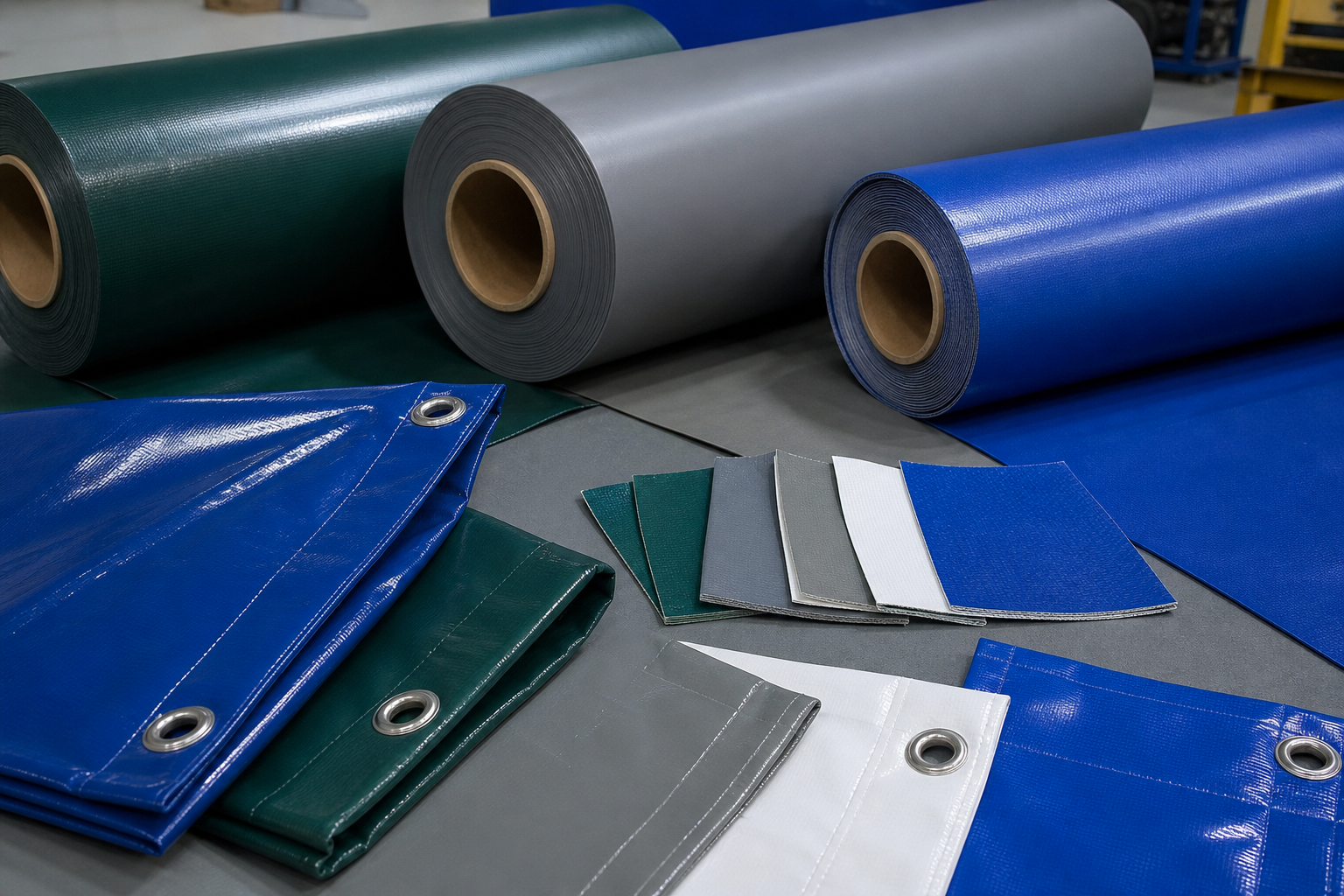 PVC coated fabric rolls and finished custom tarp seam samples arranged for material and fabrication review