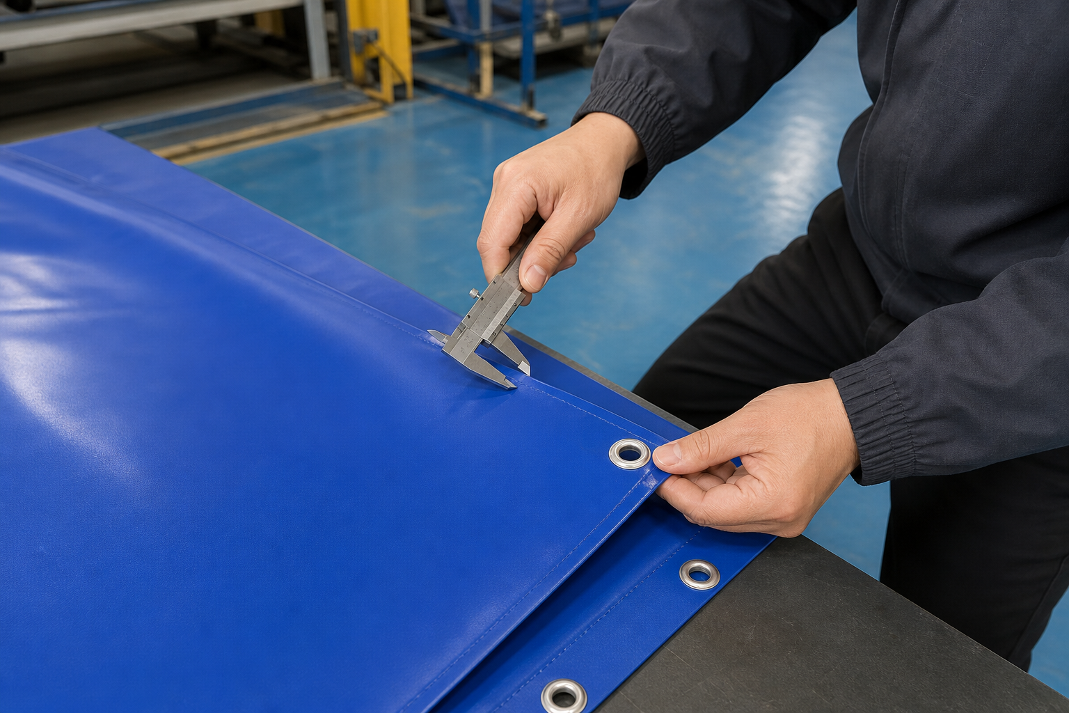 Factory quality team checking custom tarp sample seam strength and grommet spacing before bulk approval