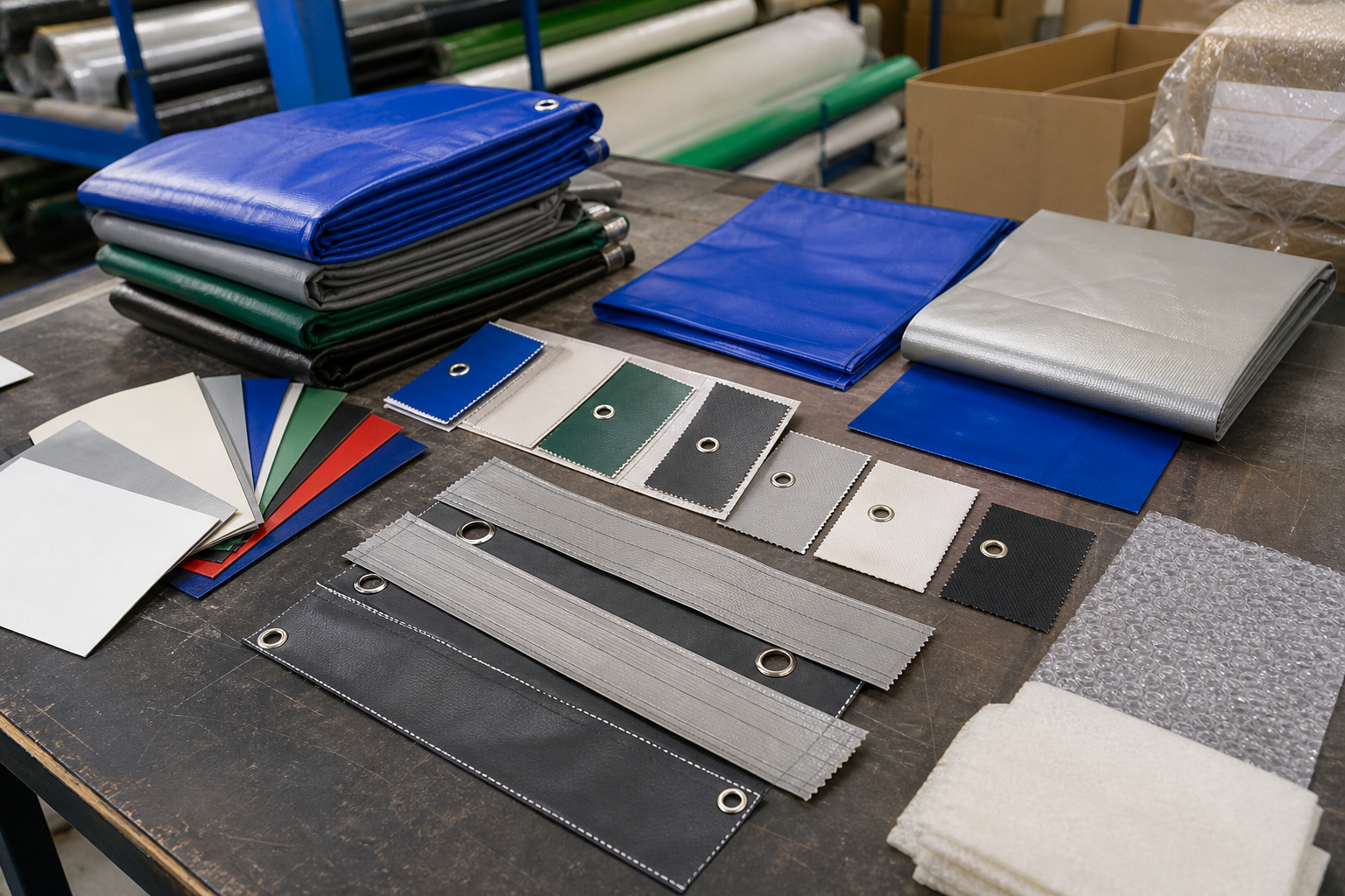 Repeat-order custom tarp records with approved samples color swatches and packing references on a factory desk