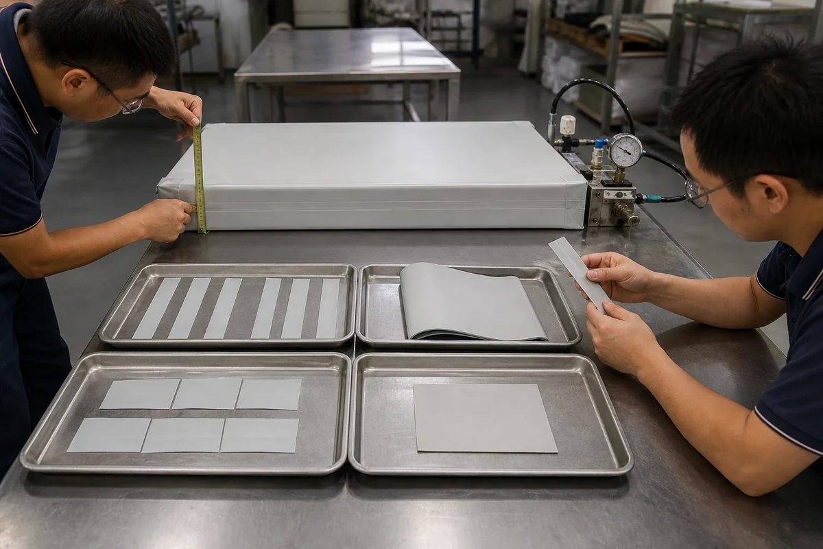 drop stitch fabric performance testing with panel dimensions, seam coupons, and pressure retention equipment