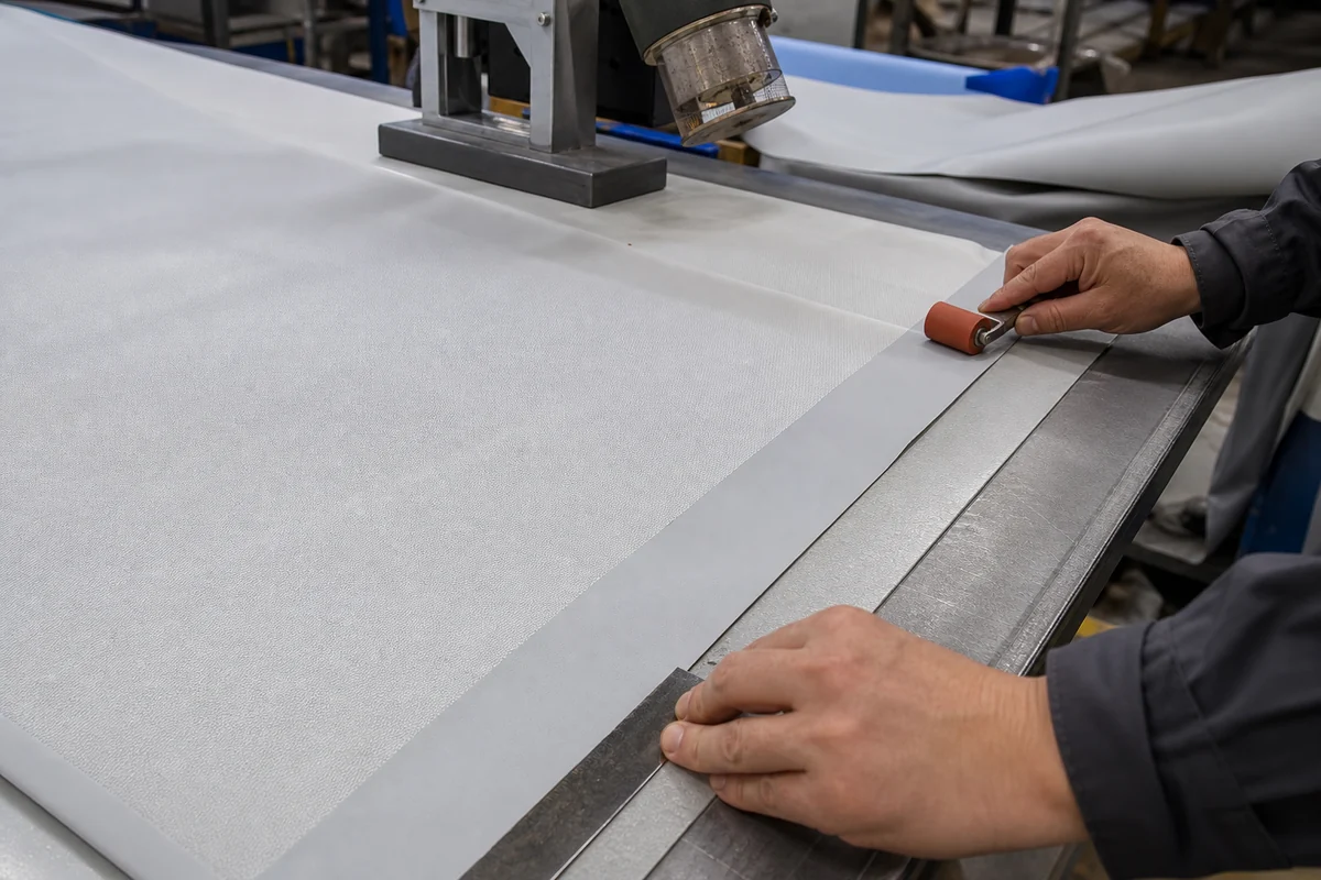 drop stitch manufacturing workstation aligning a thin sidewall strip before heat welding