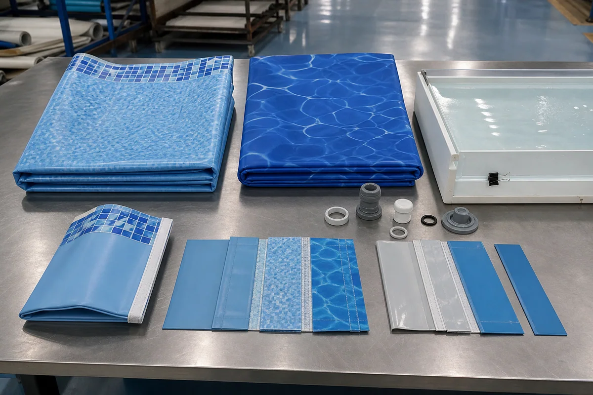 OEM sampling table comparing material welding pressure and packing for inflatable pools