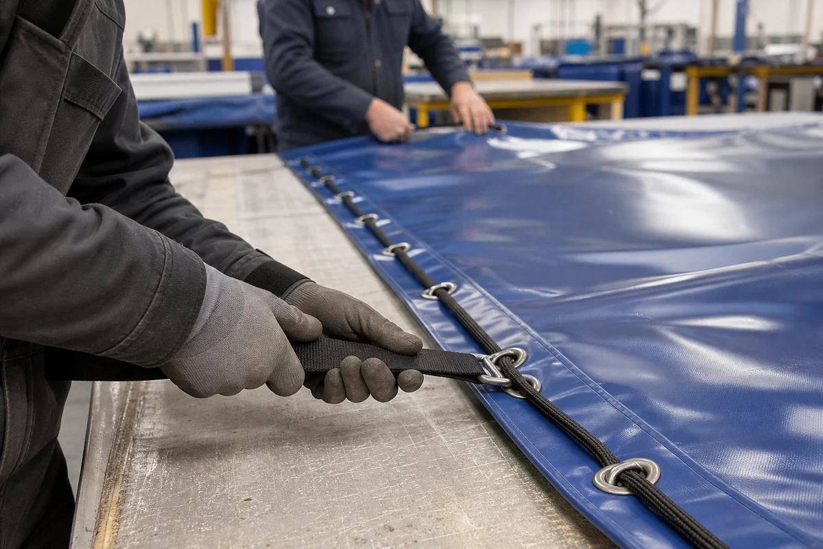 Workers checking tarp tie-down load path on a reinforced PVC cover