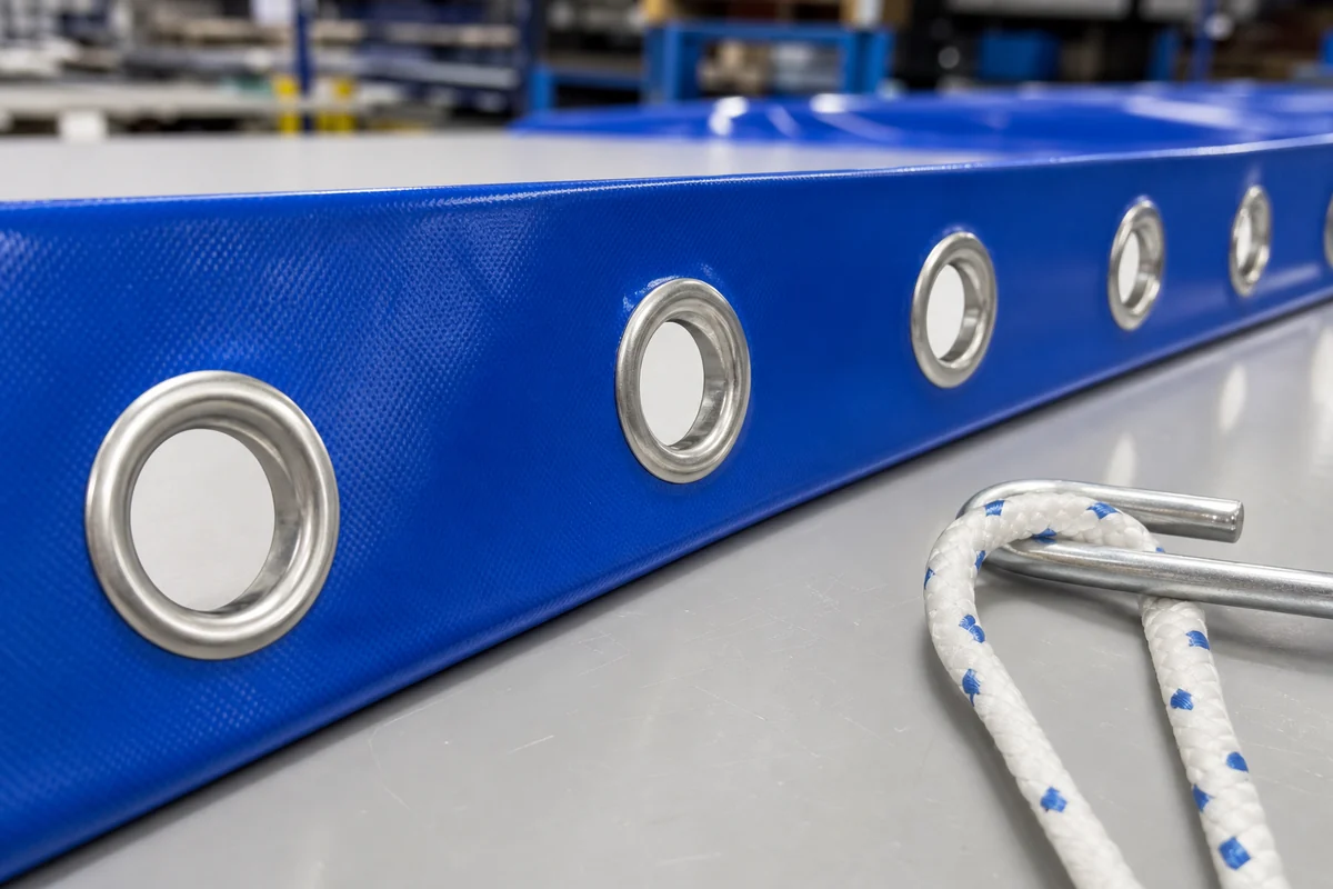 Close view of metal tarp grommets installed on a welded reinforced hem