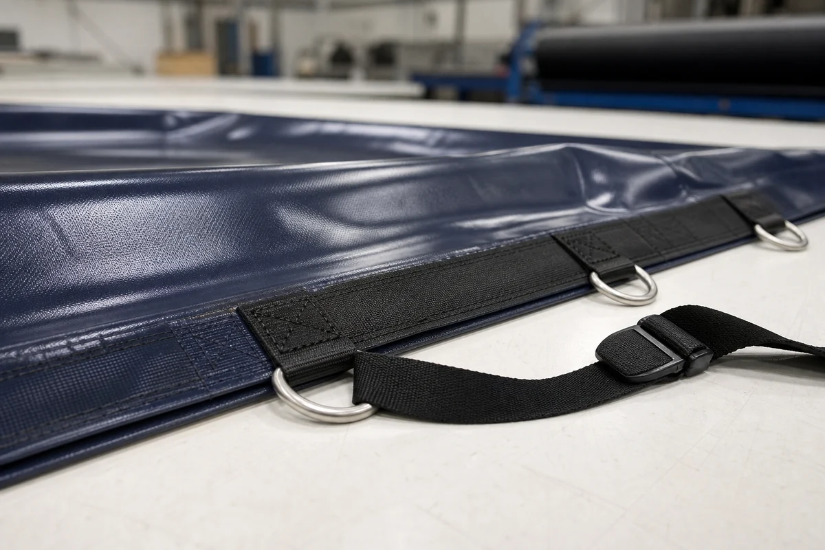 Reinforced tarp edge with D-rings webbing straps and industrial tie-down points