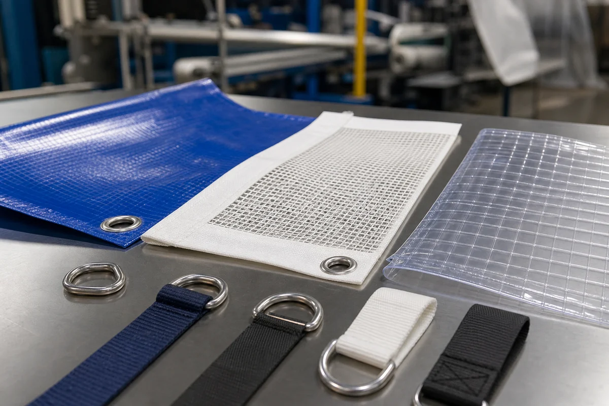 PVC mesh and clear tarp samples with hardware options on a production table