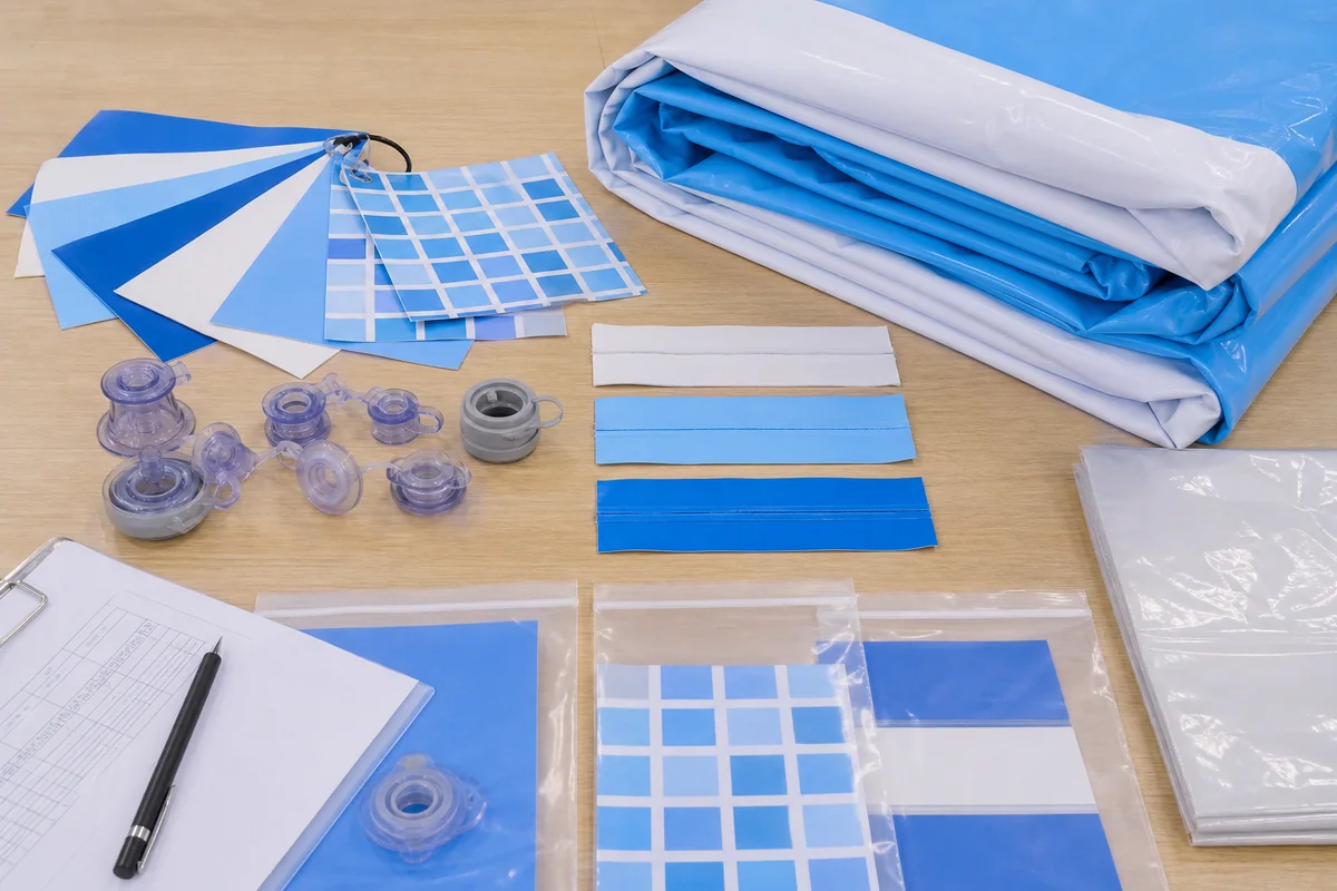 inflatable pool material evidence package with swatches weld samples and packing sample