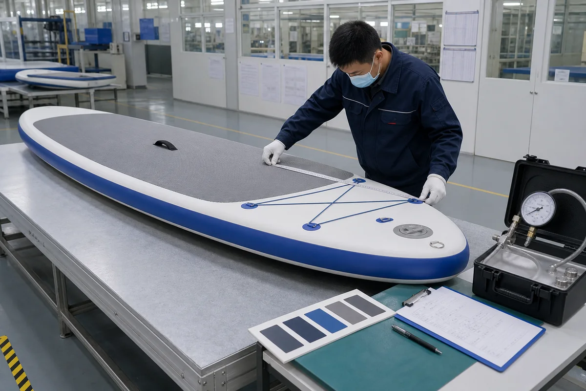 inflatable SUP sample acceptance inspection covering dimensions, pressure retention, materials, and complete-board condition