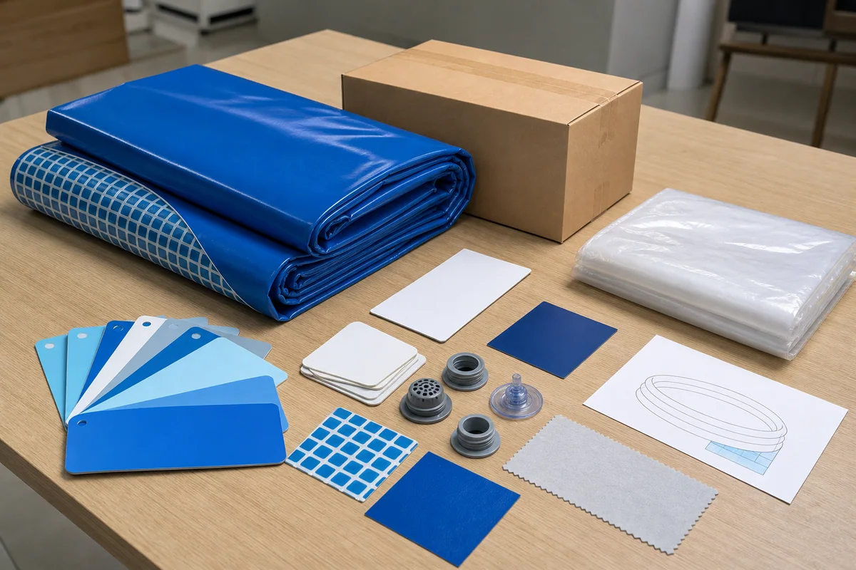 private label inflatable pool packaging review with folded sample and carton mockup