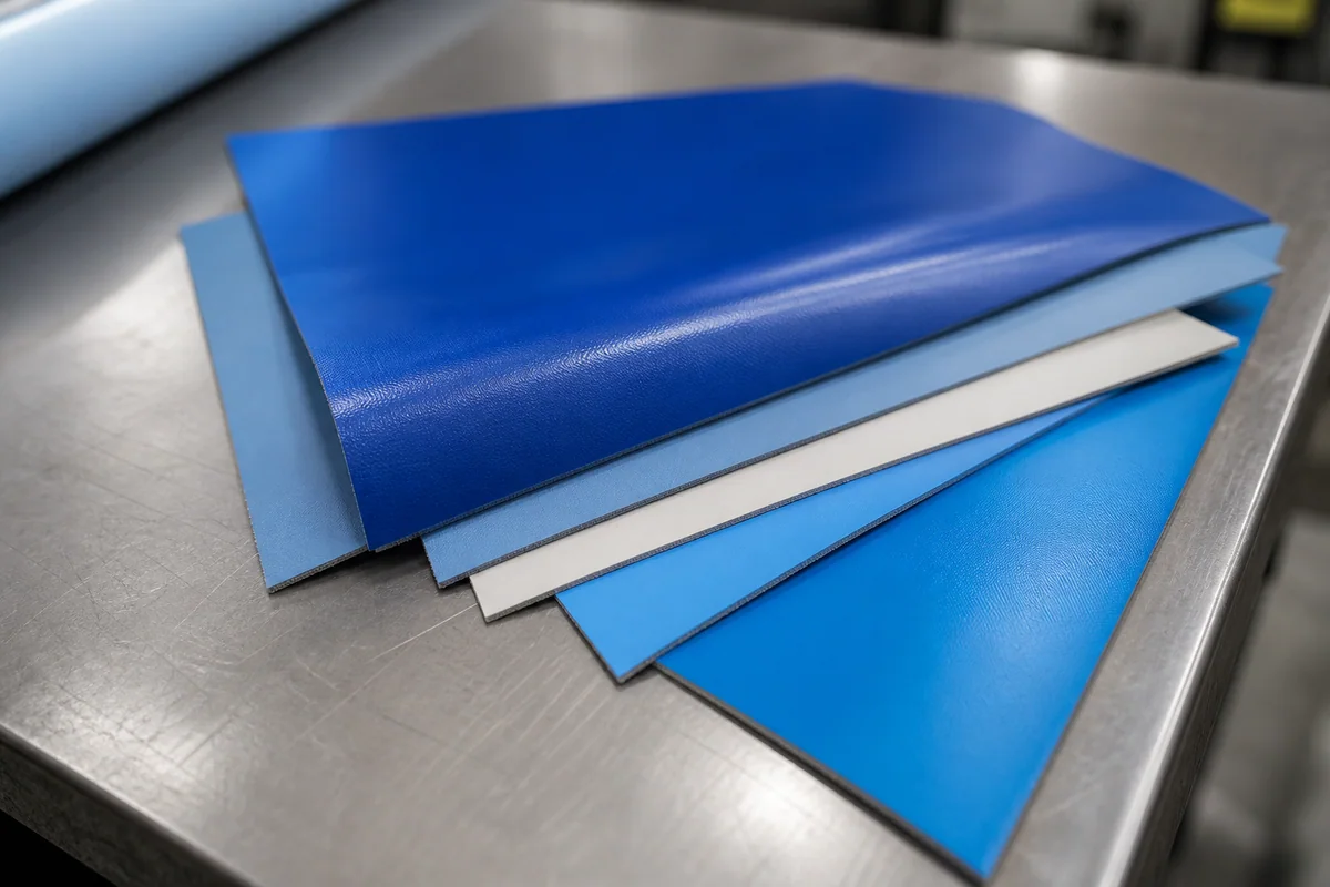 PVC coated fabric swatches used for inflatable pool material selection