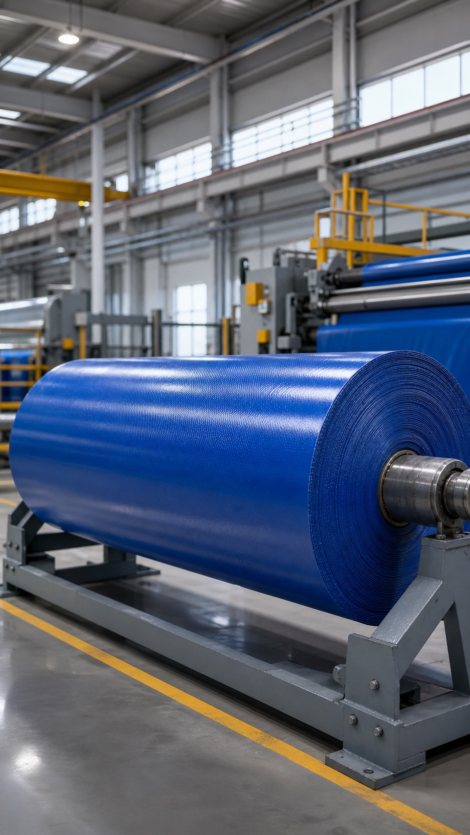 Large PVC coated fabric roll mounted on factory equipment for roll-goods supply.