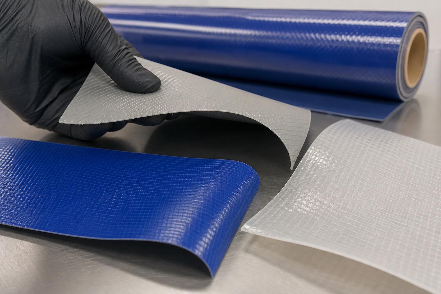PVC curtain material samples and flexible panels laid out for comparing finished-cover constructions.
